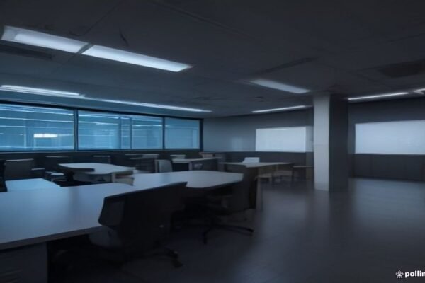 Professionals collaborating in a modern office with integrated AI technology.